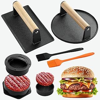 POLIGO Smash Burger Press Kit - 4 in 1 Stuffed Burger Mold, 2PCS Cast Iron Burger Presses, Sauce Brushes Included - Non Stick Smash Burger Press Set for Grill and Griddle Cooking