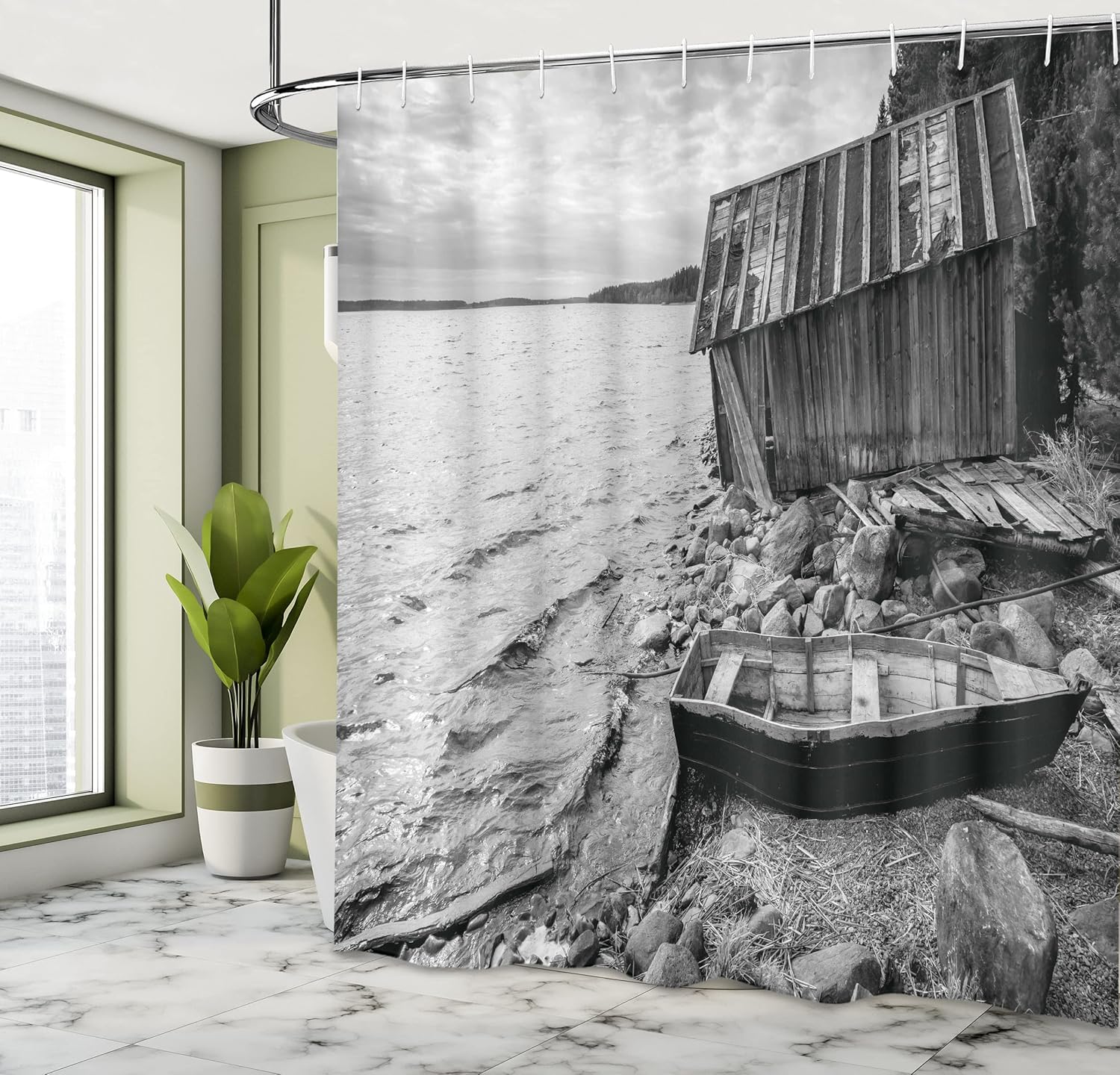 Ambesonne Black and White Shower Curtain, Old Wooden Fishing Boat and Abandoned Barn on The Lake Coastal Art Picture, Cloth Fabric Bathroom Decor Set with Hooks, 69" W x 75" L, Grey