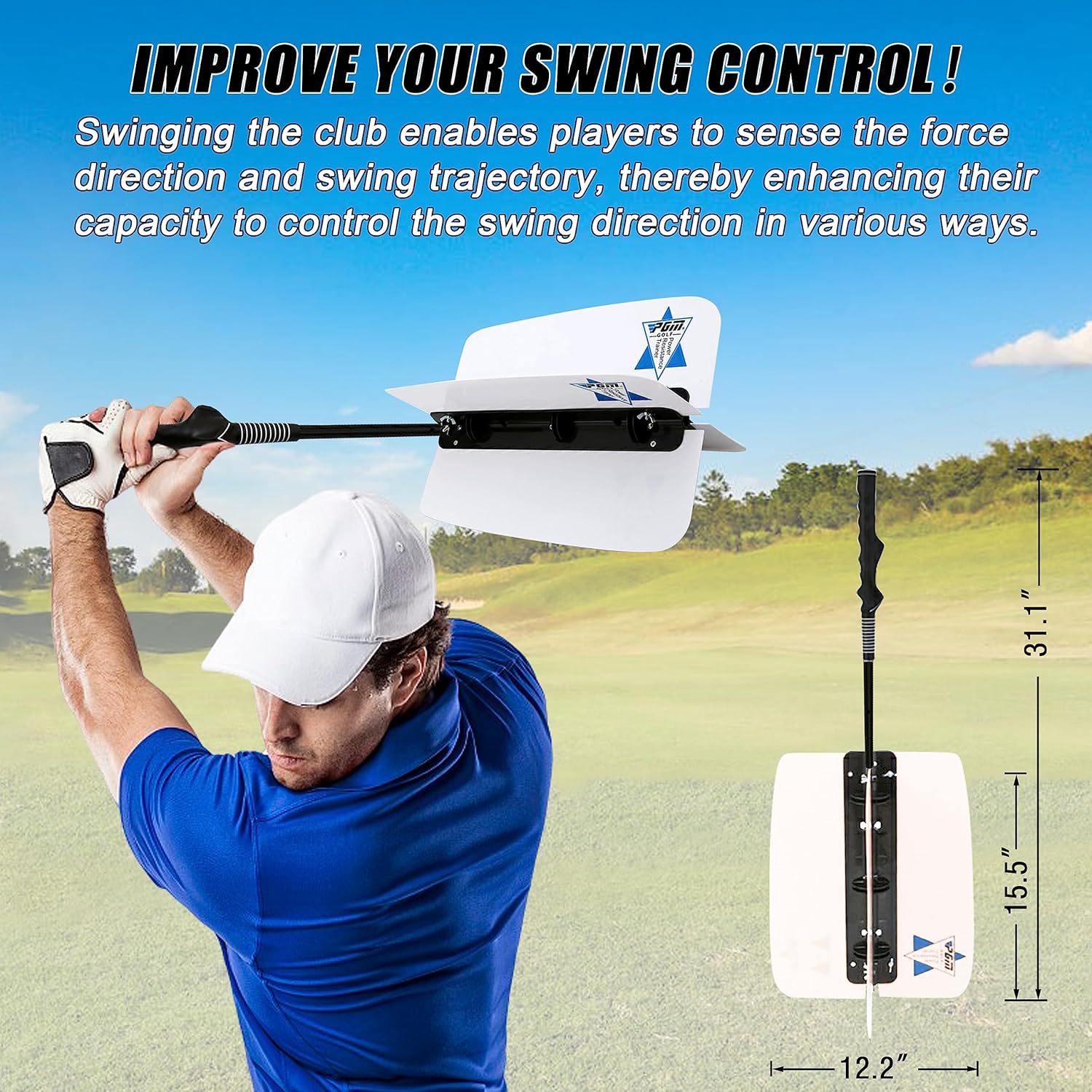 PGM Golf Swing Trainer Aid - 31" Wind Resistance Power Fan Training Equipment with Corrective Grip, Practice Club for Swing Tempo, Strength & Distance Improvement, Right-Handed (White)