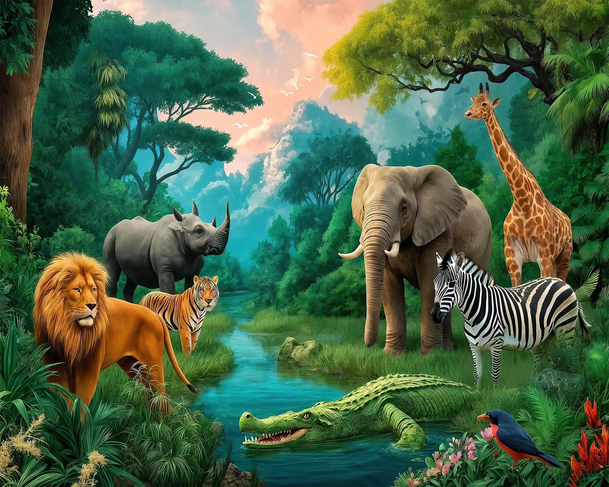 10x8ft Jungle Forest Animals Photography Backdrop Fabric Jungle Forest Tropical Rainforest Safari Background Wild Party Decorations Birthday Baby Shower Party Decor Kids Photo Booth Banner Props