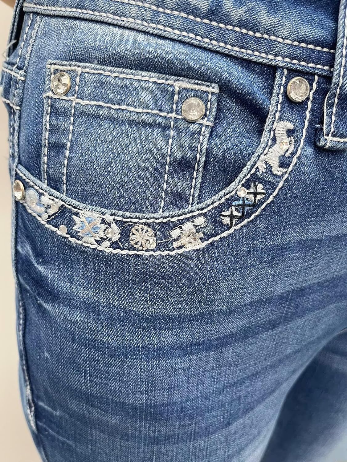 Flamingals Embroidered Bootcut Jeans for Women Mid Rise Stretchy Criss Cross Graphic Curvy Bell Bottom Jeans - Image 5