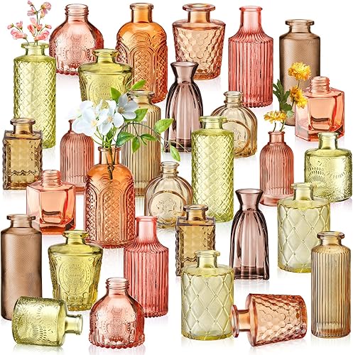Yaomiao 30 jarrones de cristal de flores de colores a granel, botellas de vidrio de colores vintage, coloridos rústicos en relieve para decoración