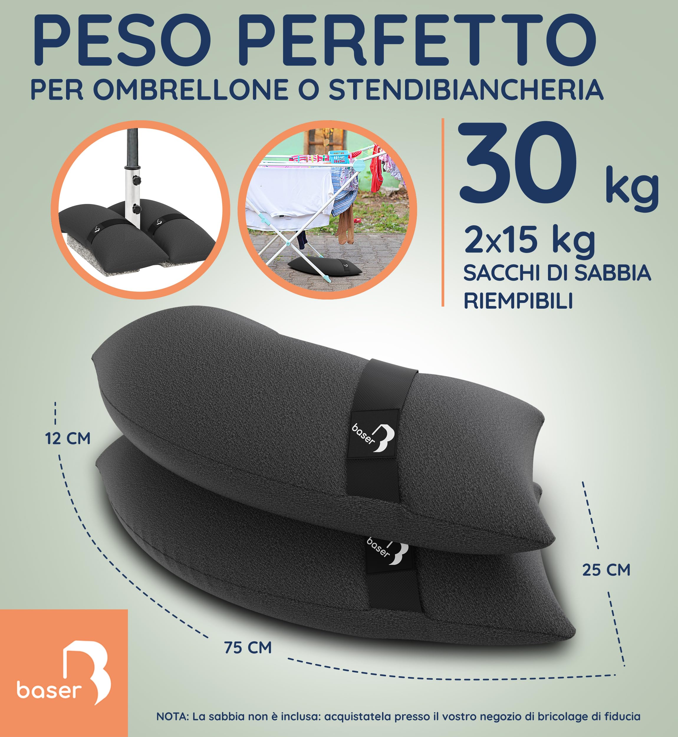 Baser Sacchi di Sabbia, 2 x 15kg Pesi per Gazebo Pieghevole, Pergolato da Giardino & Ombrelloni, Base per Gazebo Esterno Resistente, Grigio