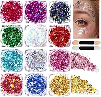 Teenitor Face Glitter Body Glitter Makeup Glitter Gel, 12 Colors Holographic Glitter Gel Makeup Festival Glitter Hair Glitter Chunky Sequins Glitter for Face, Hair, Eye, Lip, Body (TAL-115)