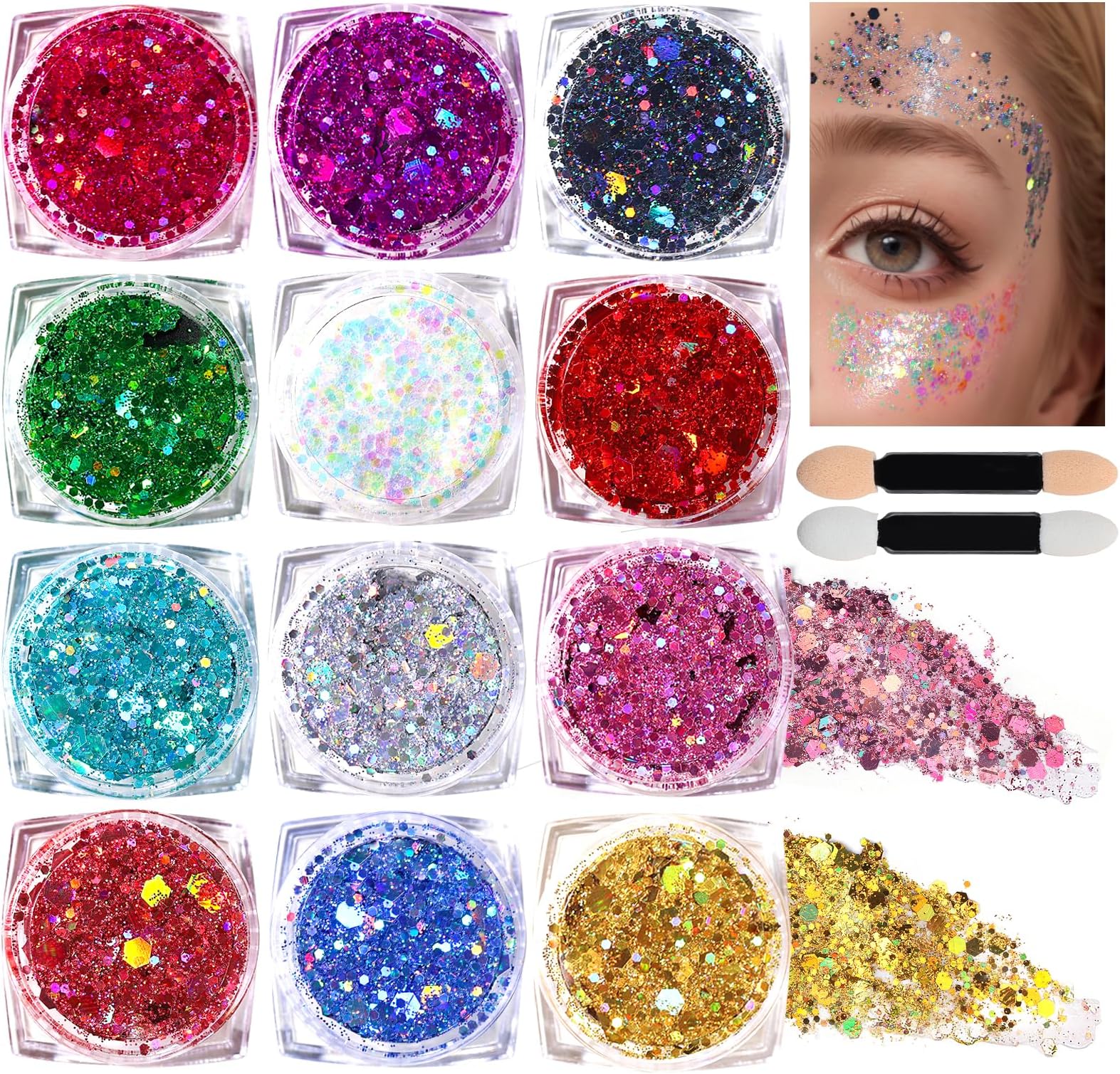 Teenitor Face Glitter Body Makeup Gel, 12 Colors Holographic Gel Festival Hair Chunky Sequins For Face, Hair, Eye, Lip, (Tal-115)