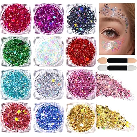 Teenitor Body Glitter Face Glitter Makeup Festival Glitter, 12 Colors Face and Body Glitter Gel, Hair Glitter Gel, Body Makeup