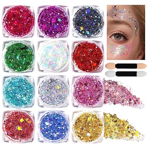 Teenitor Body Glitter Face Glitter Makeup Festival Glitter, 12 Colors Face and Body Glitter Gel, Hair Glitter Gel, Body Makeup - 3mm/1mm/0.2mm