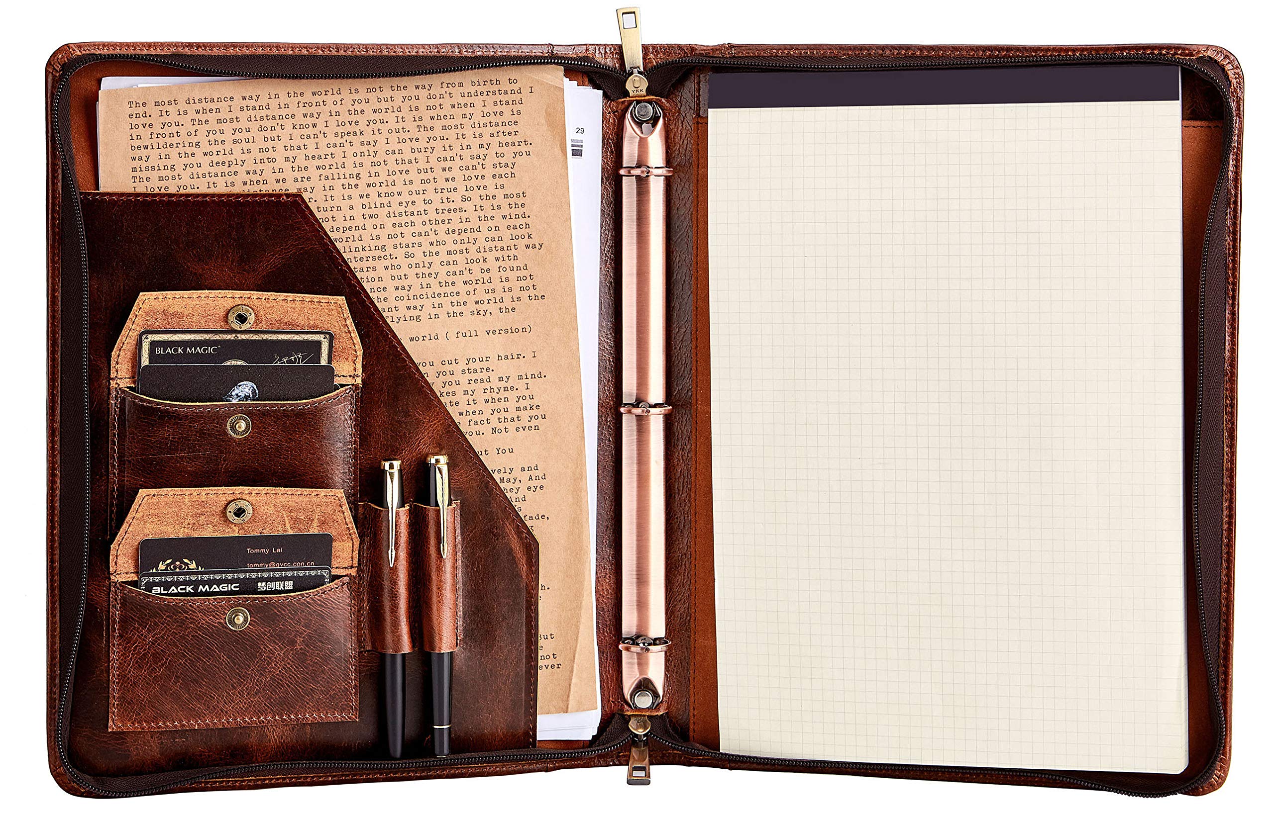 AZXCG Geninue Leather Portfolio with 1-inch 3 Ring Binder, Business Zippered Padfolio Folder for A4/