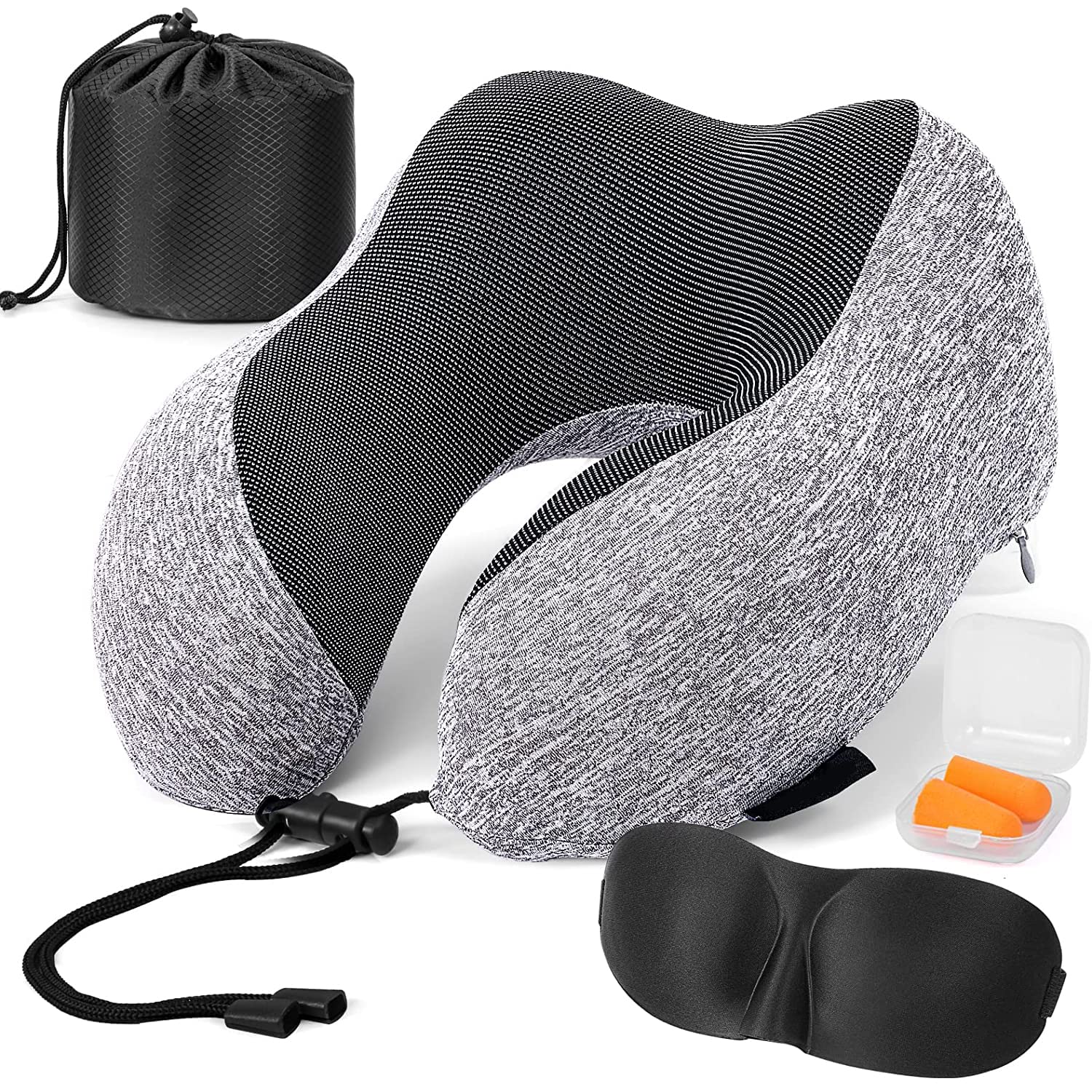 Tycom Travel Pillows,Neck Pillow for Travel, U Shape Neck Support Comfortable & Breathable Cover, Airplane Travel Kit with Eye Masks, Earplugs, and Luxury Bag (Plain Light Grey)