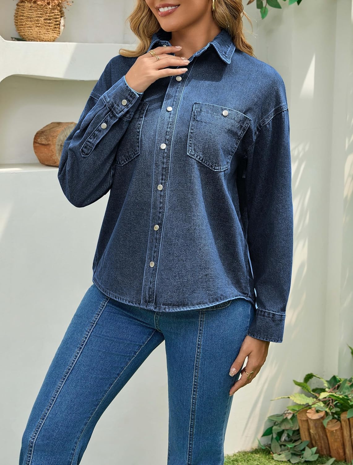 INR Denim Shirt Jacket for Women Oversized Button-Down Utility Coat Drop-Shoulder Sleeve Outers - Image 2