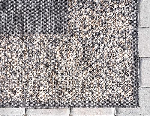 Miniatura 8 de Unique Loom Outdoor Border Collection - Alfombra de área con borde floral (2 pies x 6 pies 1 pulgada, alfombra de pasillo, gris carbónbeige)