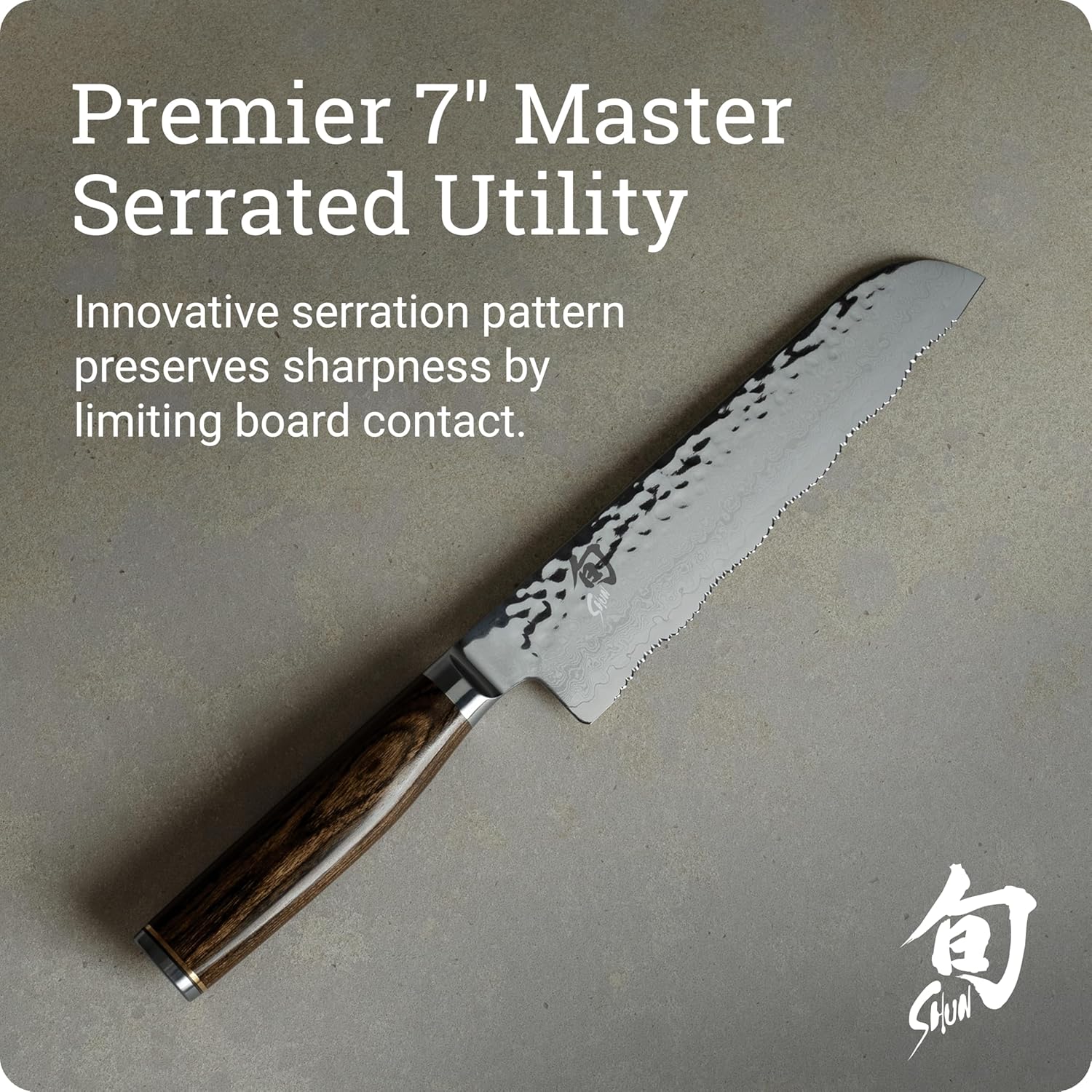 Shun Premier 7" Master Serrated Utility Knife, Handcrafted Japanese Knife, VG-MAX Core with Damascus Stainless Steel Cladding, Pakkawood Handle, Precision and Sharpness