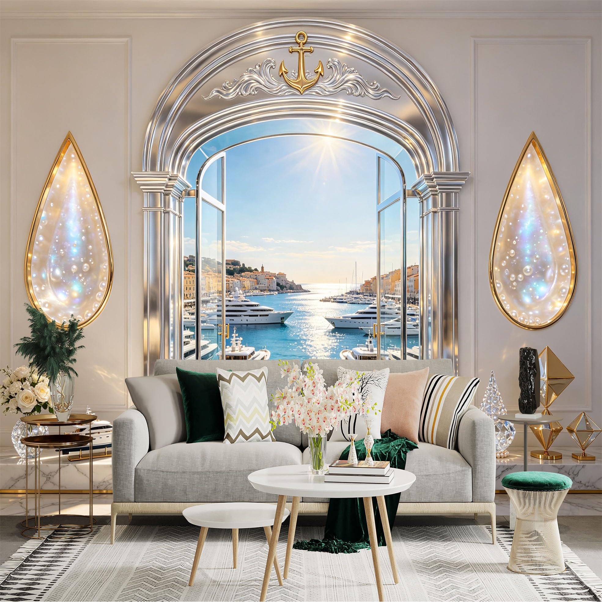Custom Size Wall Sticker Mural， Luxury Marina View， Ocean Harbor and Elegant Archway， for wall Decoration， peelandstick wall Decals.
