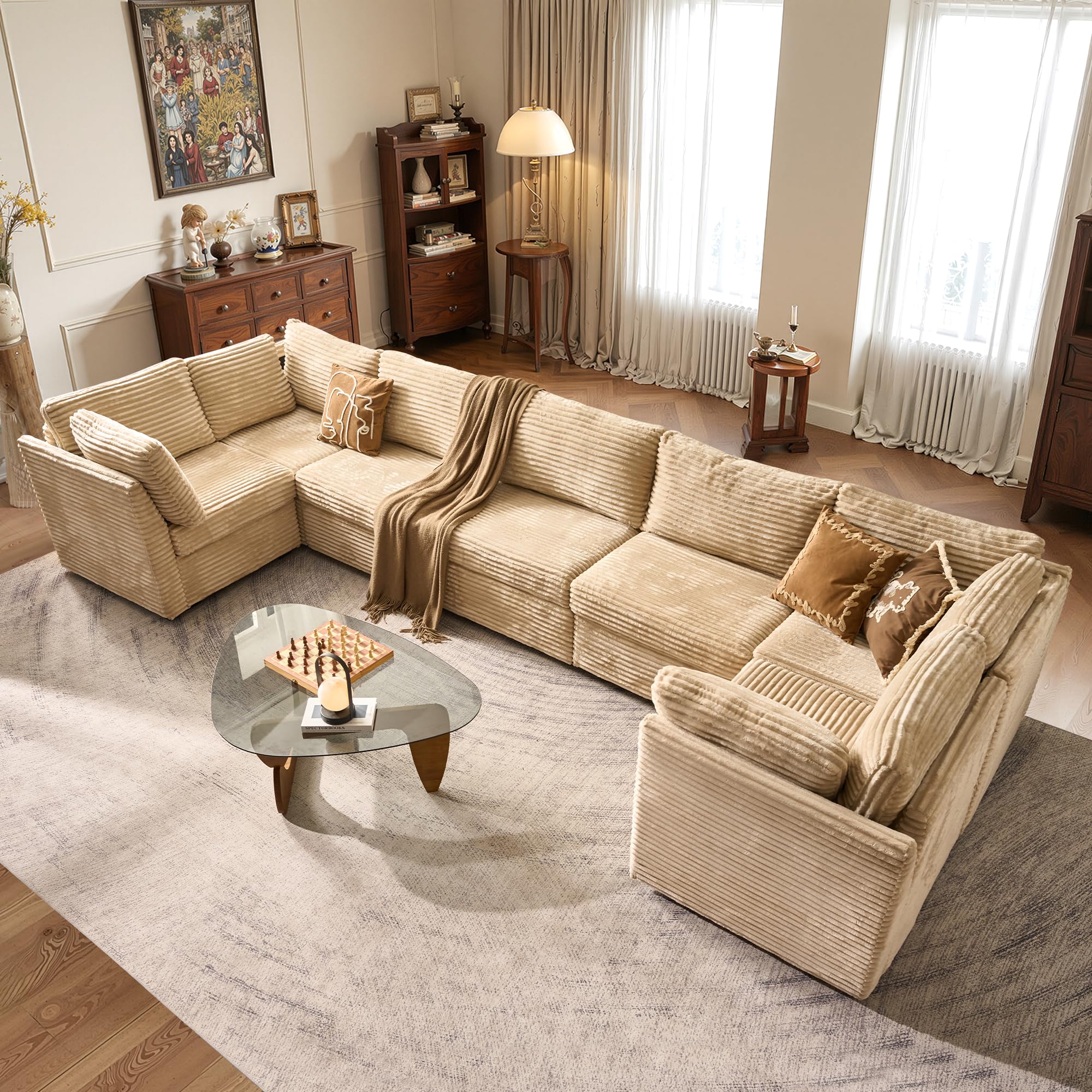 ovios Modular Sectional Sofa Couch with U-Shape Chaise Oversized, Comfy Plush Corduroy Cloud Couches, Modern Luxury Deep Seat Sofas Set for Living Room, 7-Seater, Beige