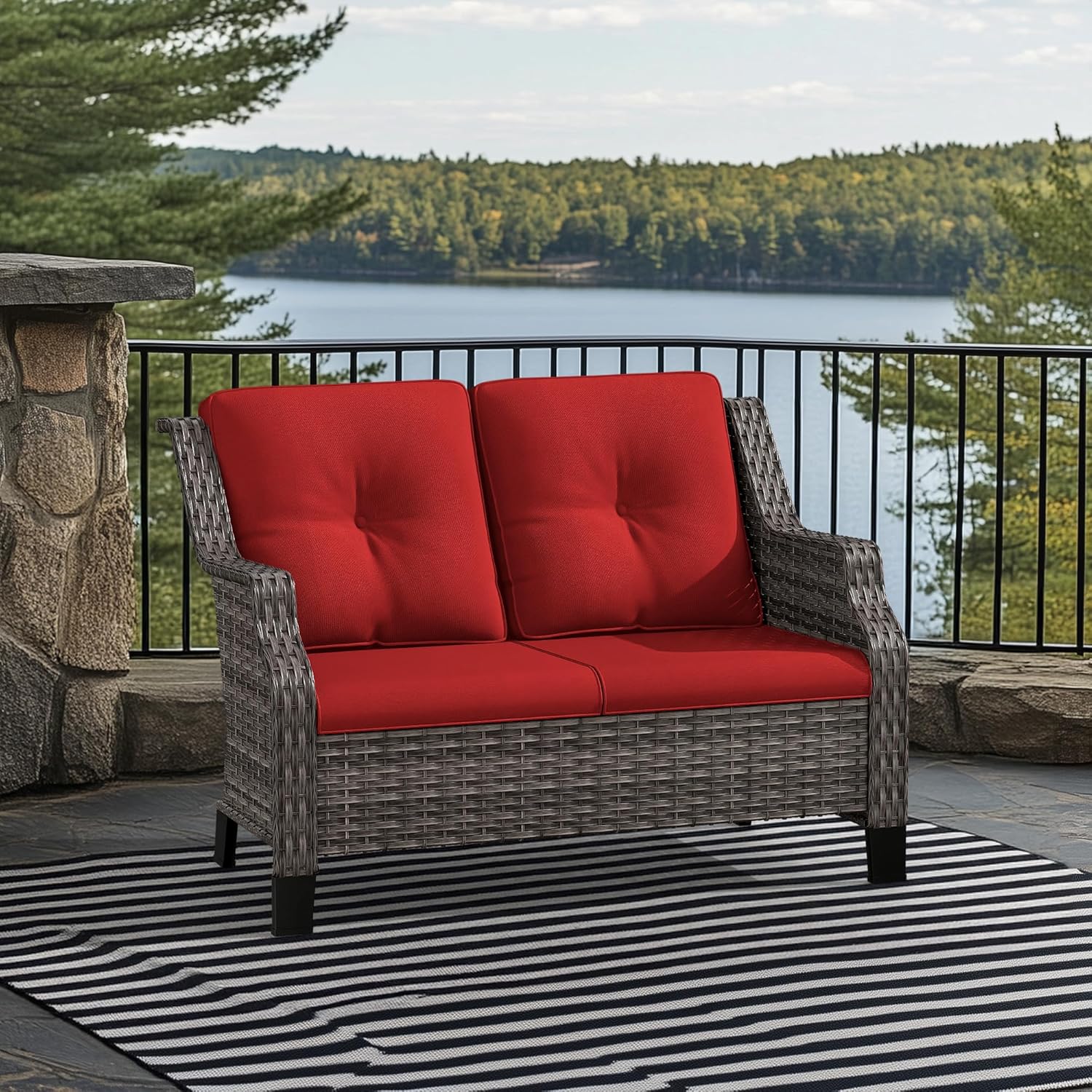 Patio Furniture Couch Outdoors, Rattan Wicker Loveseat with Deep Seating and Olefin Cushions, for Garden Porch Deck Balcony, Red