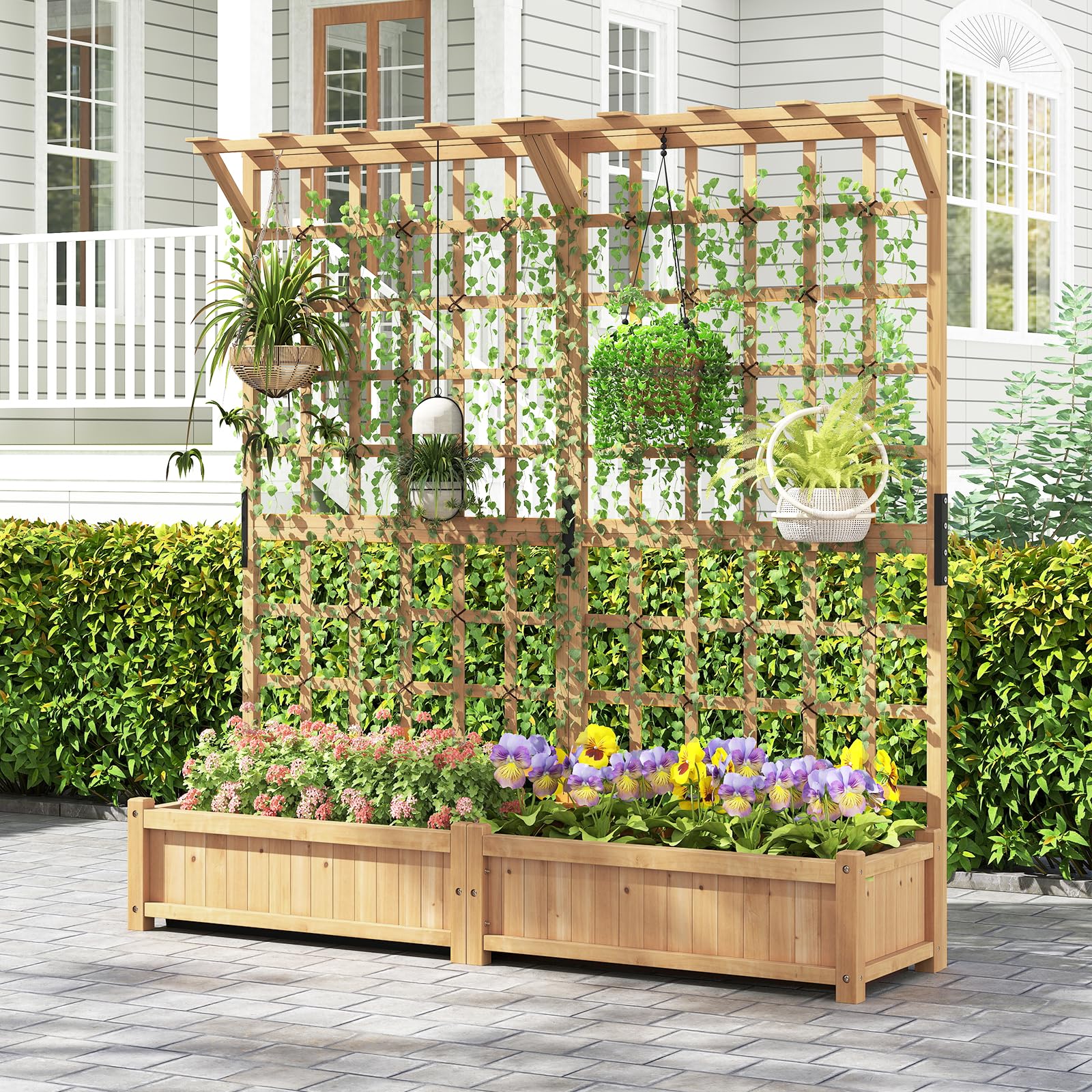 COSTWAY Fioriera in Legno con Traliccoio, Letto da Giardino con Grigliato, Tetto Appeso, 2 Scatole per Piante, 4 Fori di Drenaggio, Aiuola da Giardino Elevata per Piante Rampicanti e Fiori (Naturale)