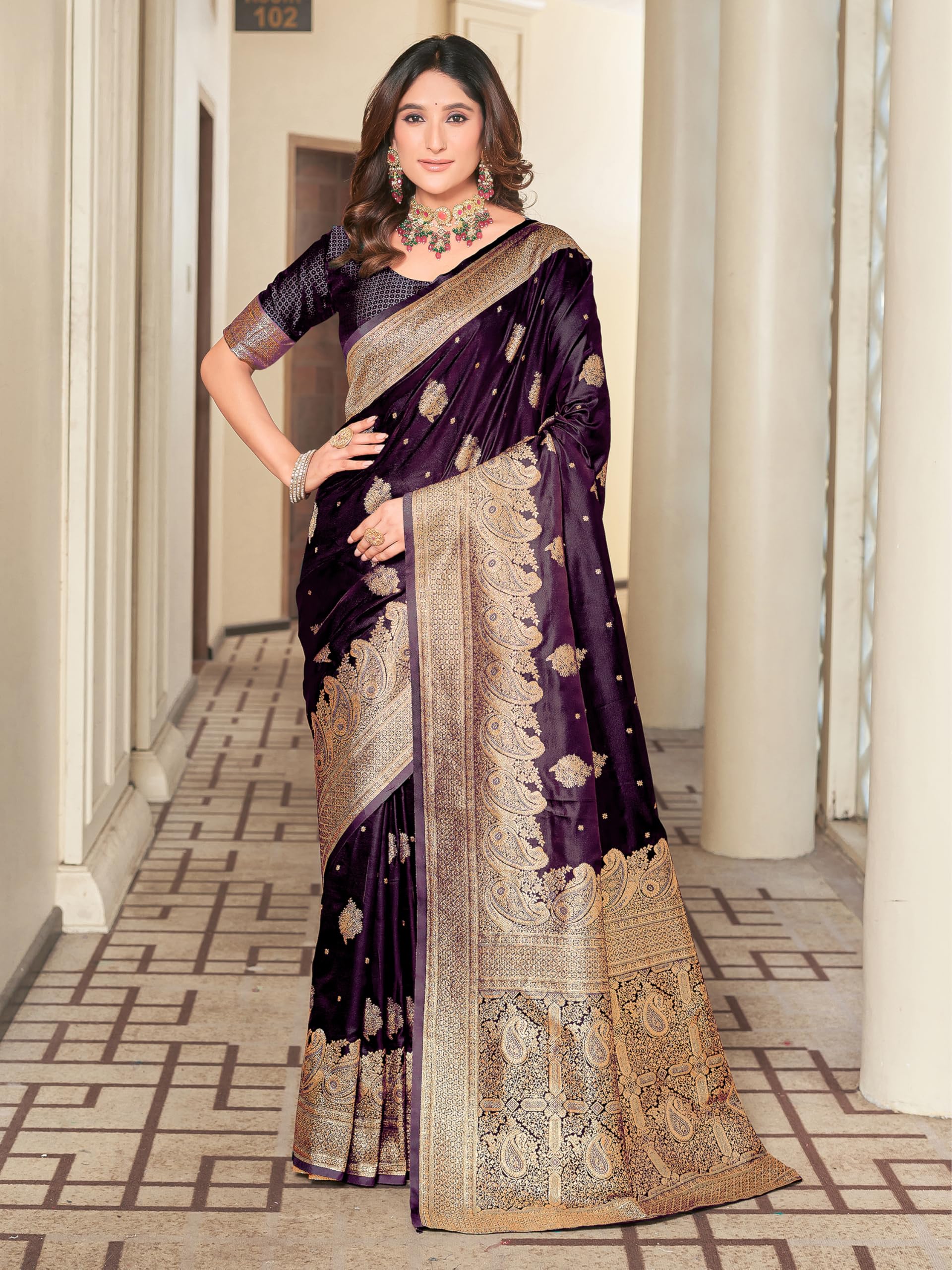 Glory Sarees Women's Pure Kanjivaram Soft Banarasi Original Satin Silk Saree Elegantly Crafted Graceful Wedding Design With Blouse Piece (Satin Silk101_Wine)