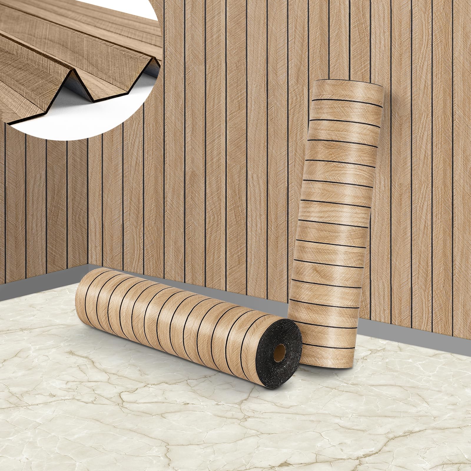 ReWallpaper Light Oak Wood Slat Wallpaper Self Adhesive Foam 3D Panel Wallpaper Effect Living Rooms Vintage Thick Natural Wooden Panelled Wall Paper for Doors Furniture Decorative 30CMx3M