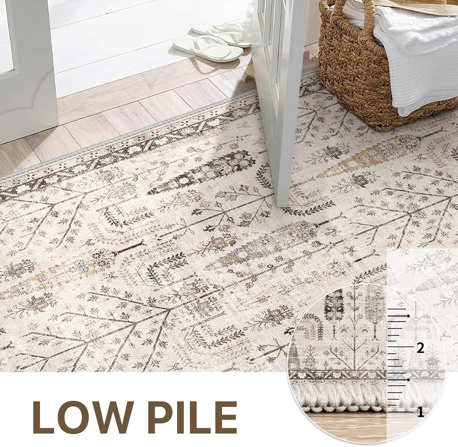 Bavni Runners for Hallways, Floral Non Slip Machine Washable Rug, Neutral Lightweight Low Pile Kitchen Bedroom Rugs, Thin Durable Aesthetic Farmhouse Vintage Tree Soft Wood 2x5 Rug