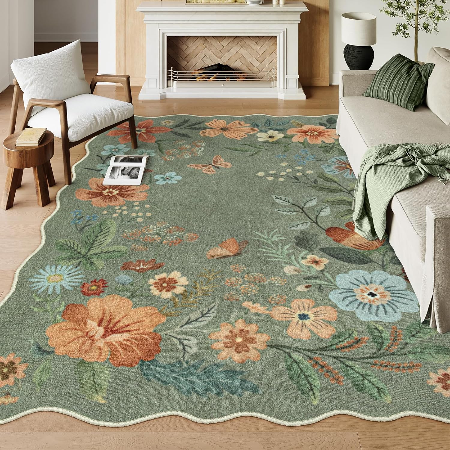 Lahome Floral 9x12 Area Rugs for Living Room Bedroom, Soft Washable Rugs 9x12 Stain Resistant, Ultra-Thin Non-Slip Boho Dining Room Rug Non-Shedding Accent Carpet for Office(9x12ft,Green)