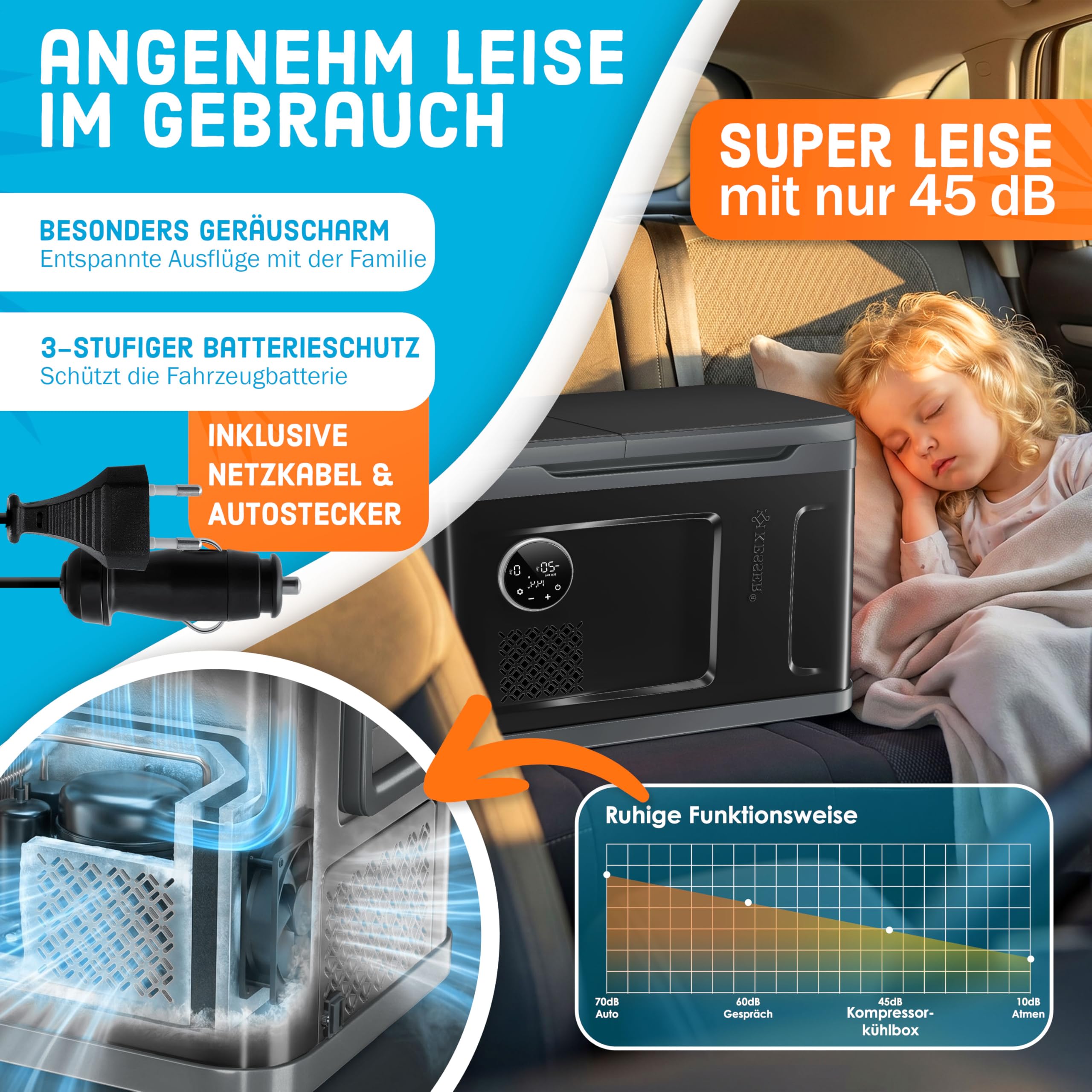 KESSER® Glacière à compresseur 2en1 double zone de réfrigération & de congélation, électrique Glacière de congélation Commande tactile LED 12/24 V 230V, Réfrigération jusqu'à -20 °C 49 Litres