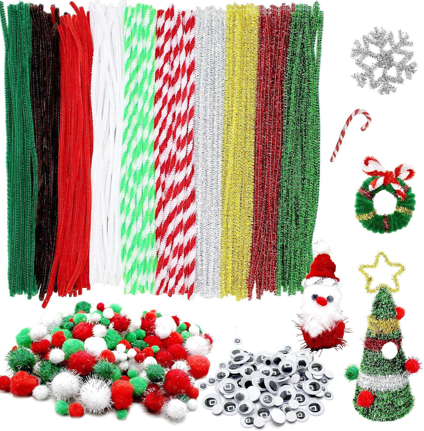 CH HAICHENG 500Pcs Christmas Pipe Cleaners Craft Set, Including 200 Pcs Pipe Cleaners 200 Pcs Pom Poms 100 Pcs Wiggle Googly Eyes Self Adhesive, Assorted Colors and Assorted Sizes for DIY Art Craft