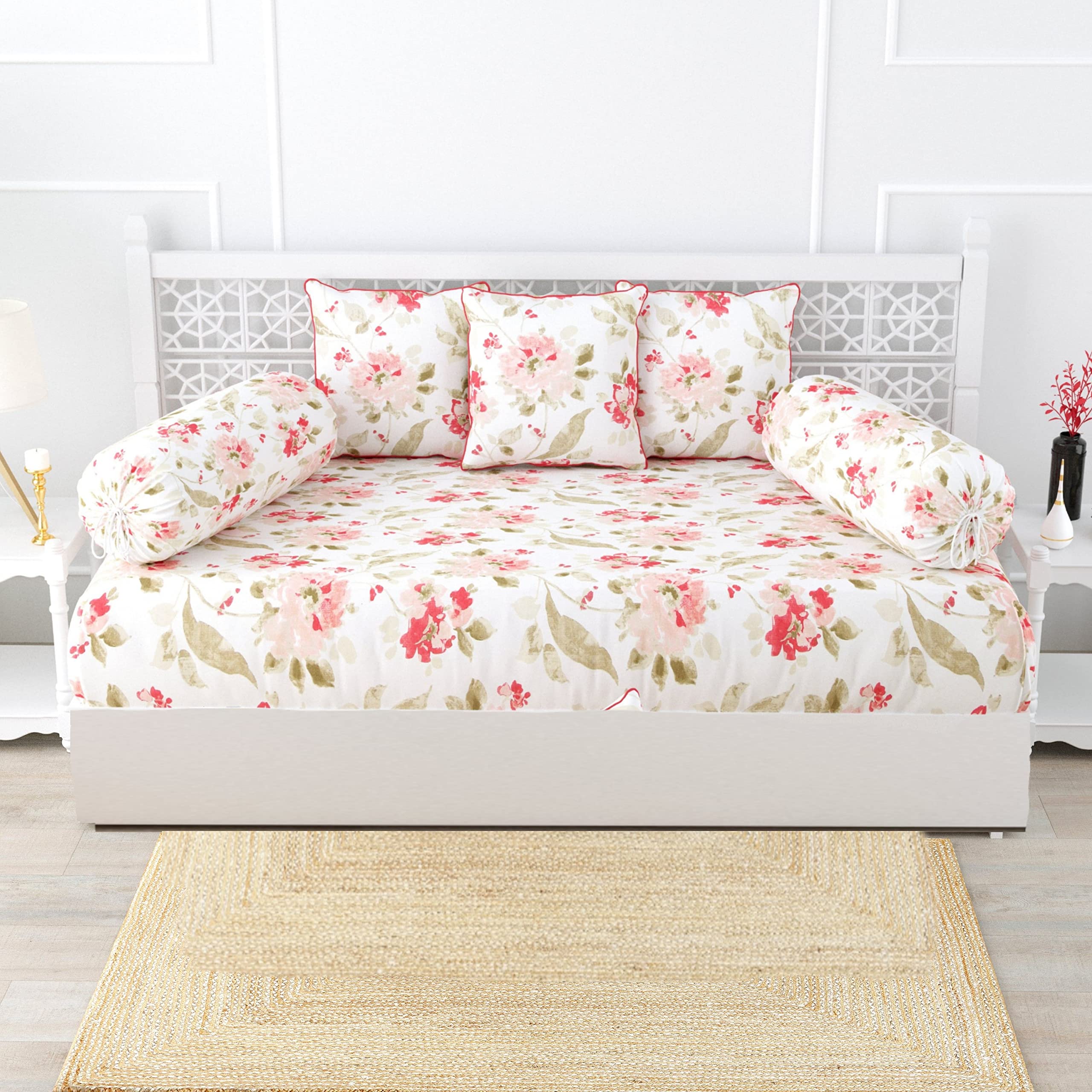 Trance Home Linen 108TC 100% Cotton Thick Printed Diwan Set | Deewan Bedsheet Set for Living Room(Set of 6 Pc, 1-Bed Sheet 48x88 Inch | 2-Bolster Cover 16x32 in | 3-Cushion Cover 16x16 in)-Tashi Pink-picture-39
