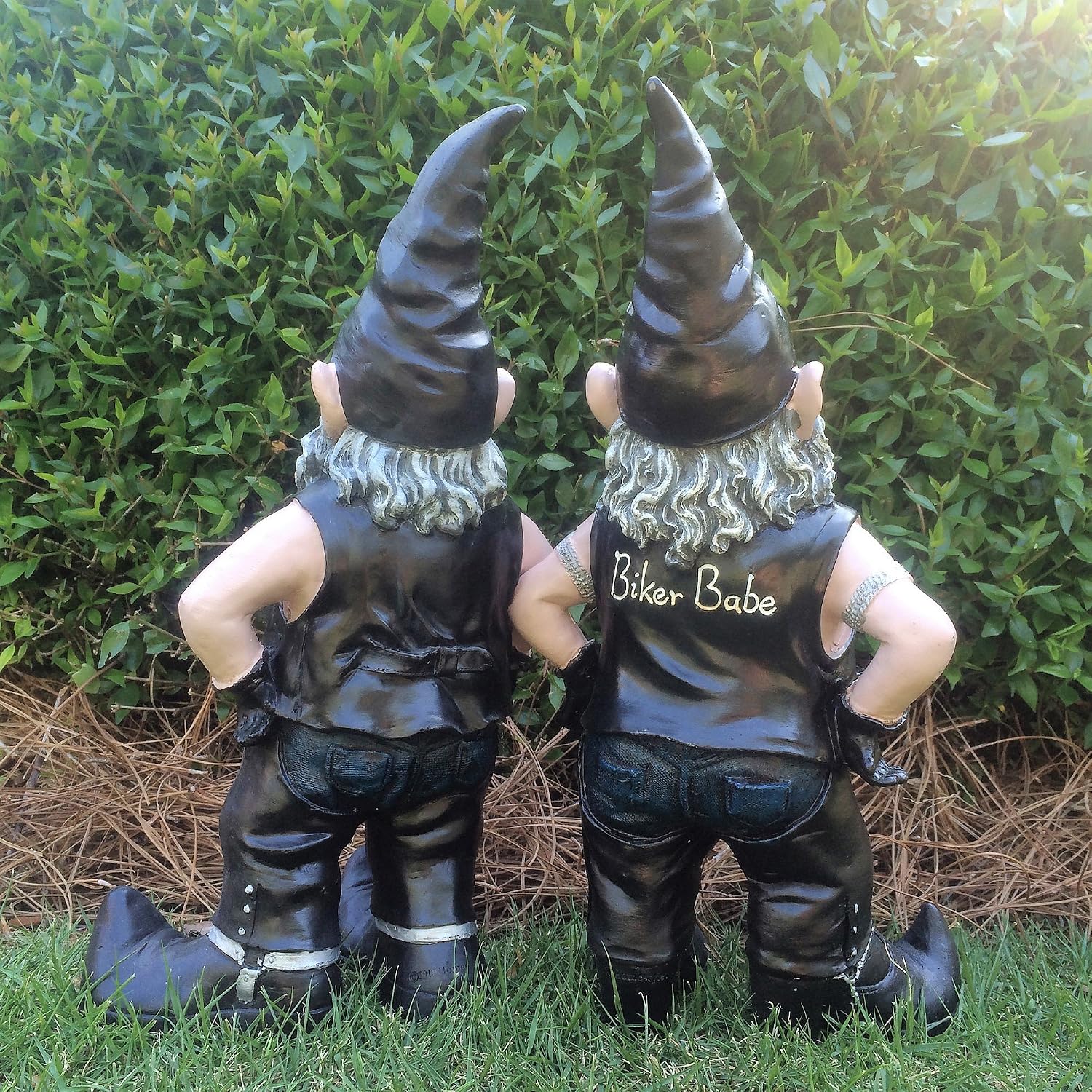 "Biker Dude & Babe The 14.5" H Biker Gnomes in Leather Motorcycle Riding Gear Home & Garden Gnome Statue