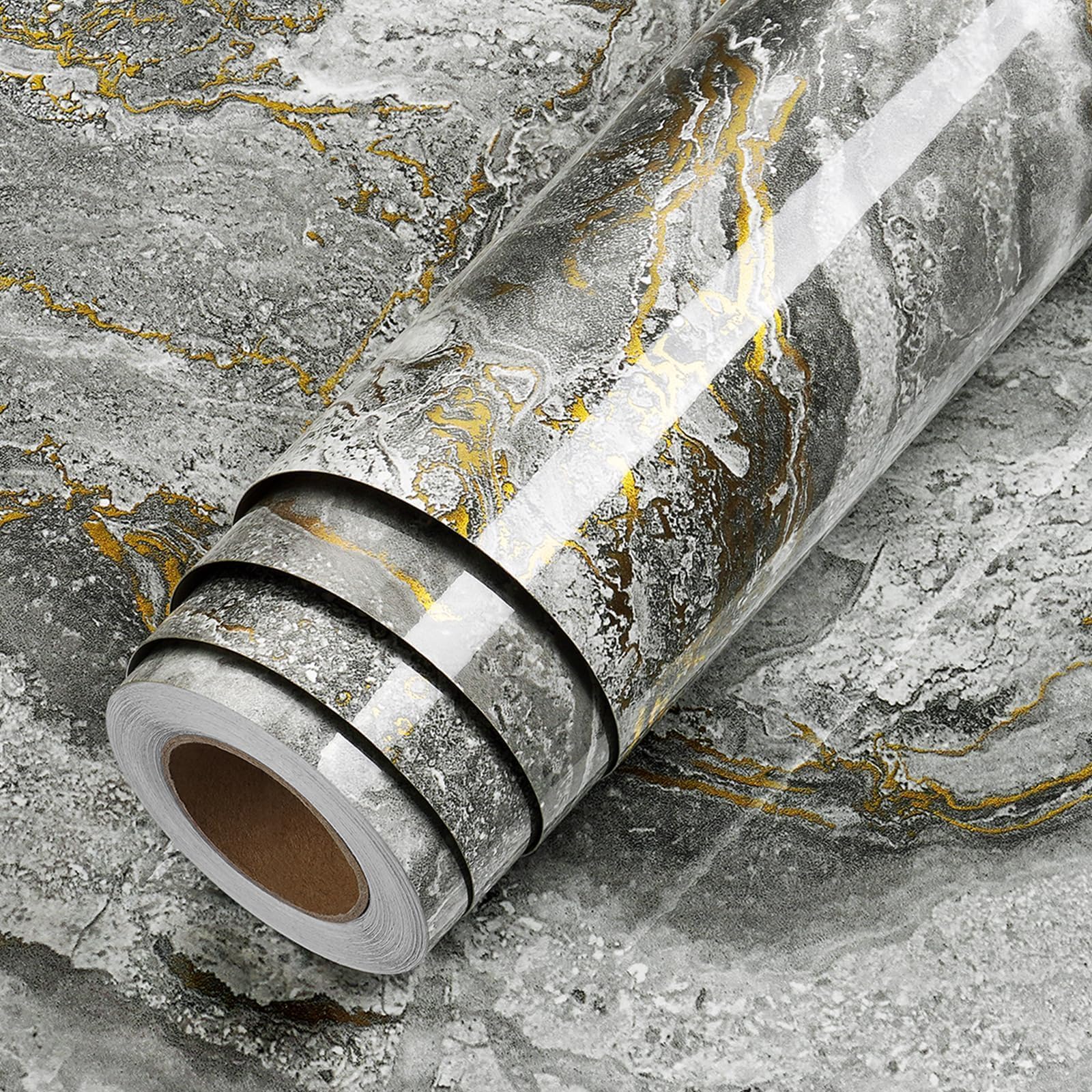 LaCheery 90cm x 400cm Vinilo Adhesivo Muebles Encimera Marmol Papel Adhesivo para Muebles Gris Oscuro Dorado Impermeable Papel Pintado Autoadhesivo Marmol Moderno para Cocina Encimera Mesas Puertas