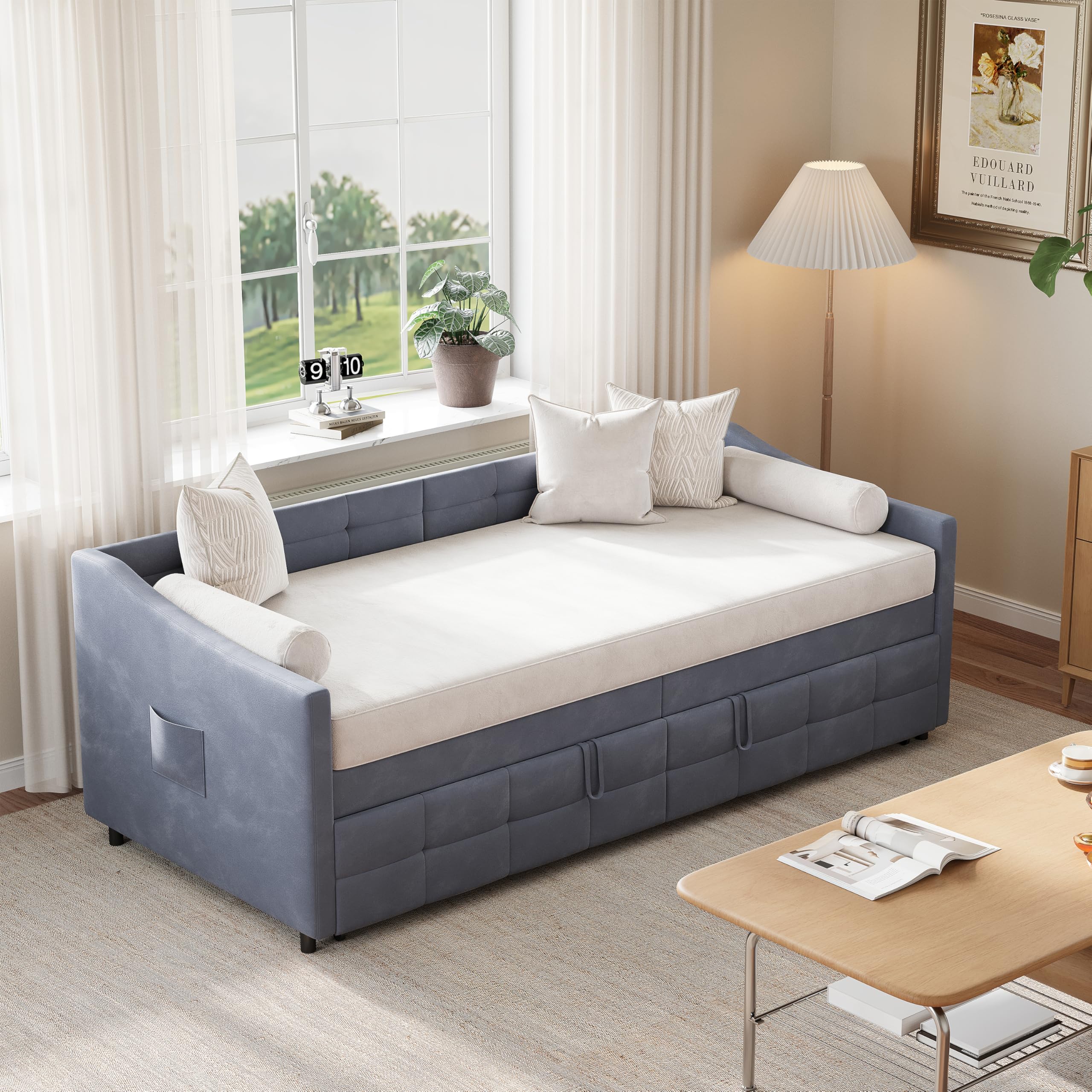 Schlafcouch Ausziehbar, Tagesbett Ausziehbar, Ausziehbett, Schlafcouch 180x200, Flanell, 90/180 x 200 cm, ohne Matratze (Grau)