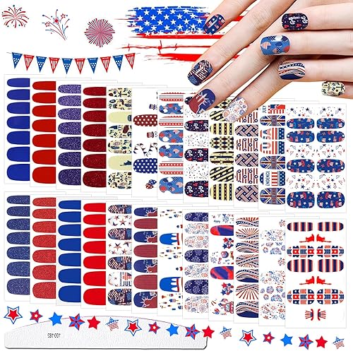 336 piezas de 24 hojas de esmalte de uñas del 4 de julio, Día de la Independencia, tiras de uñas patrióticas, tiras de uñas autoadhesivas para el 4