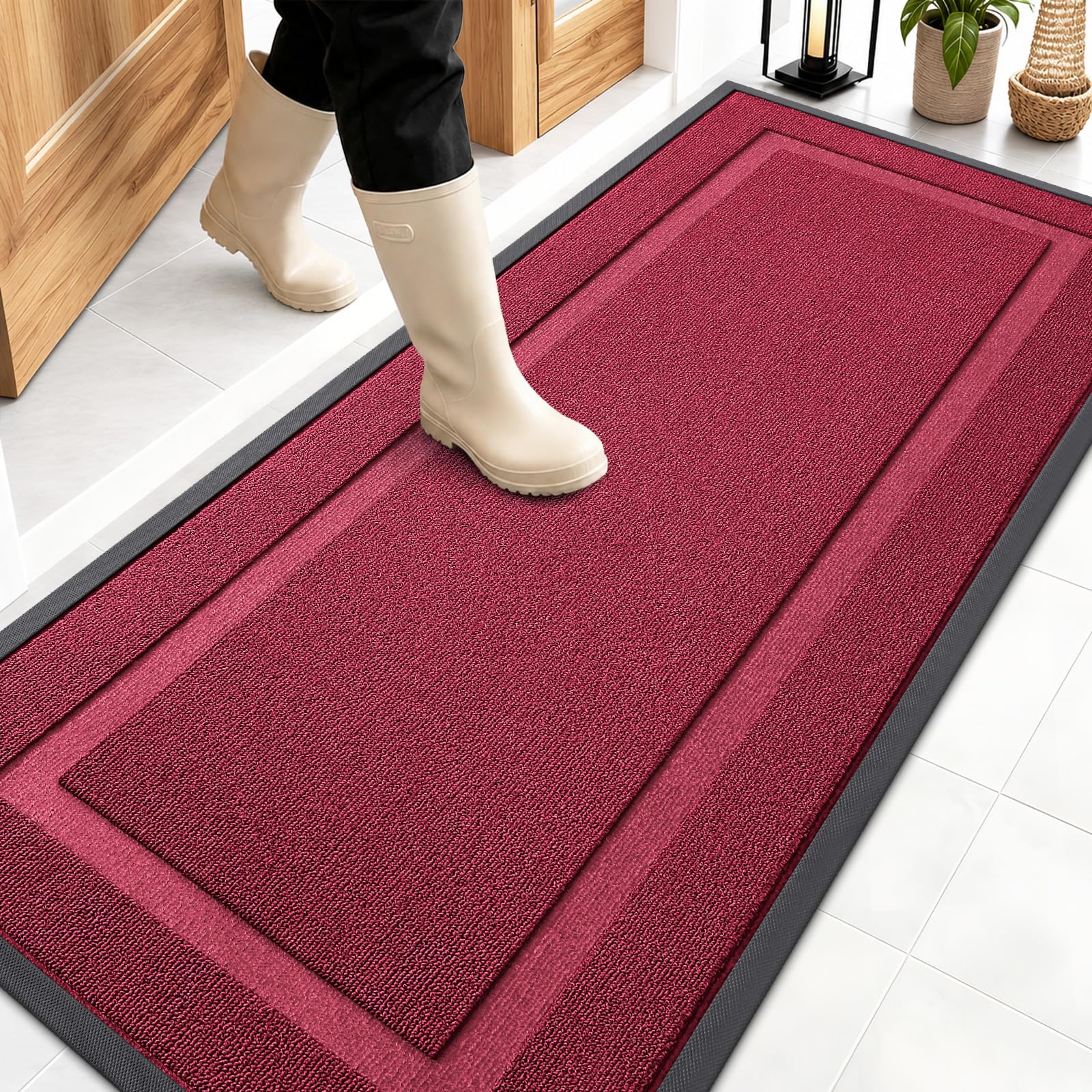 OLANLY Front Door Mat Outside 59x23, All-Season Heavy-Duty Rubber Doormat | Burgundy, Absorbent, Stain and Fade Resistant, Waterproof Non-Slip Backing, Low-Profile Indoor Outdoor Floor Mat for Entryway