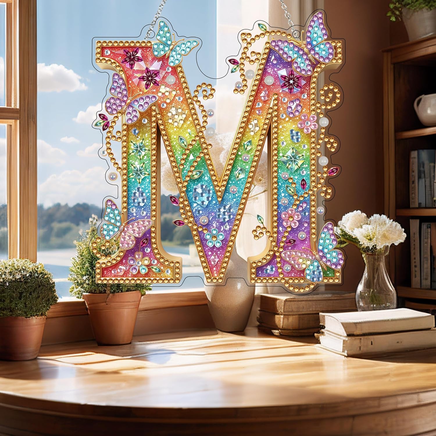 DIY Hanging 5D Diamond Art Kit for Adult – Gem Art Window & Wall Pendant, Acrylic Letter Diamond Painting Ornament for Home & Garden Decoration (M)