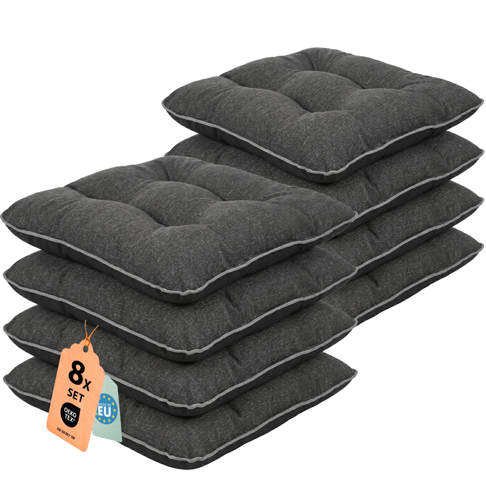 Outdoor Leinen-Optik Sitzkissen Stuhlkissen - 8er Set - 45 x 45 cm - Made in EU, Wasserdichtes & UV-beständig Gartenkissen - Stuhlauflage Stuhlpolster für Balkonstühle – Dunkel Grau