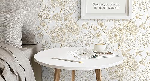 Miniatura 19 de Safiyya Papel tapiz de contacto floral bohemio para despegar y pegar, 78.7 x 17.3 pulgadas, papel de pared dorado y verde oscuro, moderno, Dorado