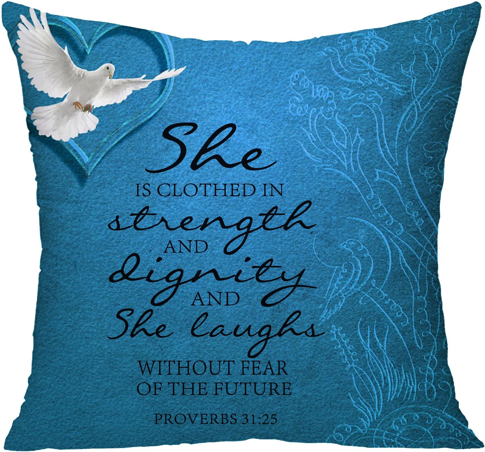 Blue Background and White Pigeon Bible Verse Proverbs 31:25 Decorative Throw Pillowcase Cushion Cover Square Cushion Cover for Home or Sofa 24 x 24 Inch