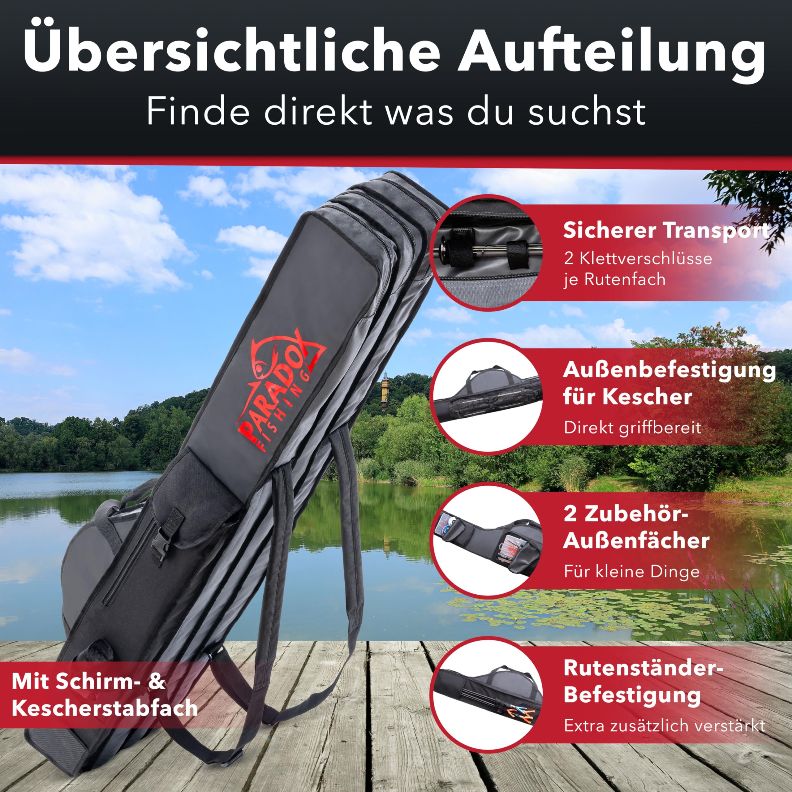 Paradox Fishing Rutentasche 2/3/4 Fächer I 120cm/130cm/150cm/160cm/190cm I Angeltasche Rutentasche Rutenfutteral Angeltasche - Angelrutentasche - 2