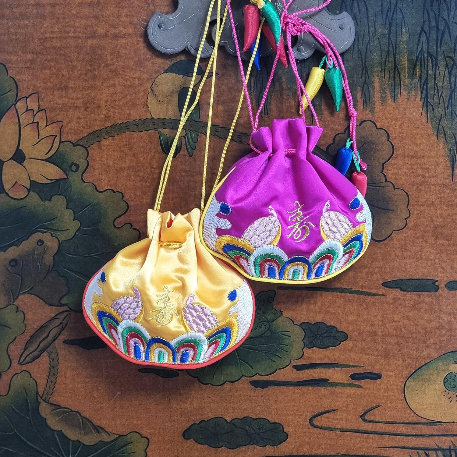 Seoulful Vintage Korean Turtle Blessing Pouch - Traditional Bokjumeoni Lucky Bag with Longevity & Fortune Symbols Embroidered - New Year & Chuseok Gifts (Blue)