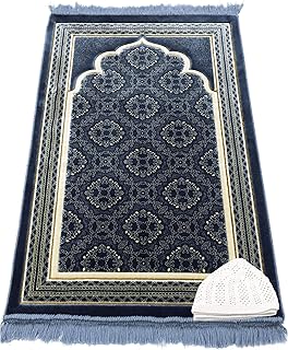 Modefa Turkish Islamic Prayer Rug - Soft Velvet Janamaz Praying Carpet - Comfortable Muslim Praying Mat for Men & Women - Ramadan or Eid Gift - with Kufi Prayer Cap - Elegant Swirl (Blue)