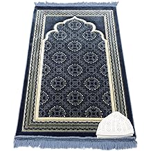 Modefa Turkish Islamic Prayer Rug - Soft Velvet Janamaz Praying Carpet - Comfortable Muslim Praying Mat for Men &amp; Women - Ramadan or Eid Gift - with Kufi Prayer Cap - Elegant Swirl (Blue)