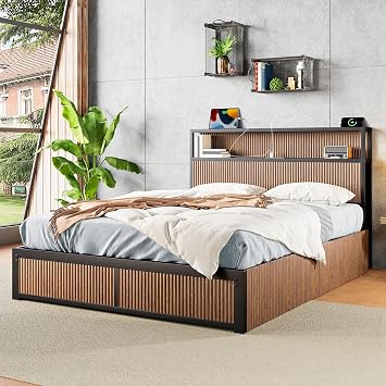 Queen Size Storage Bed Frame with Drawers and Headboard Brown Wood Platform Bed with USB Outlets for Bedroom Furniture
