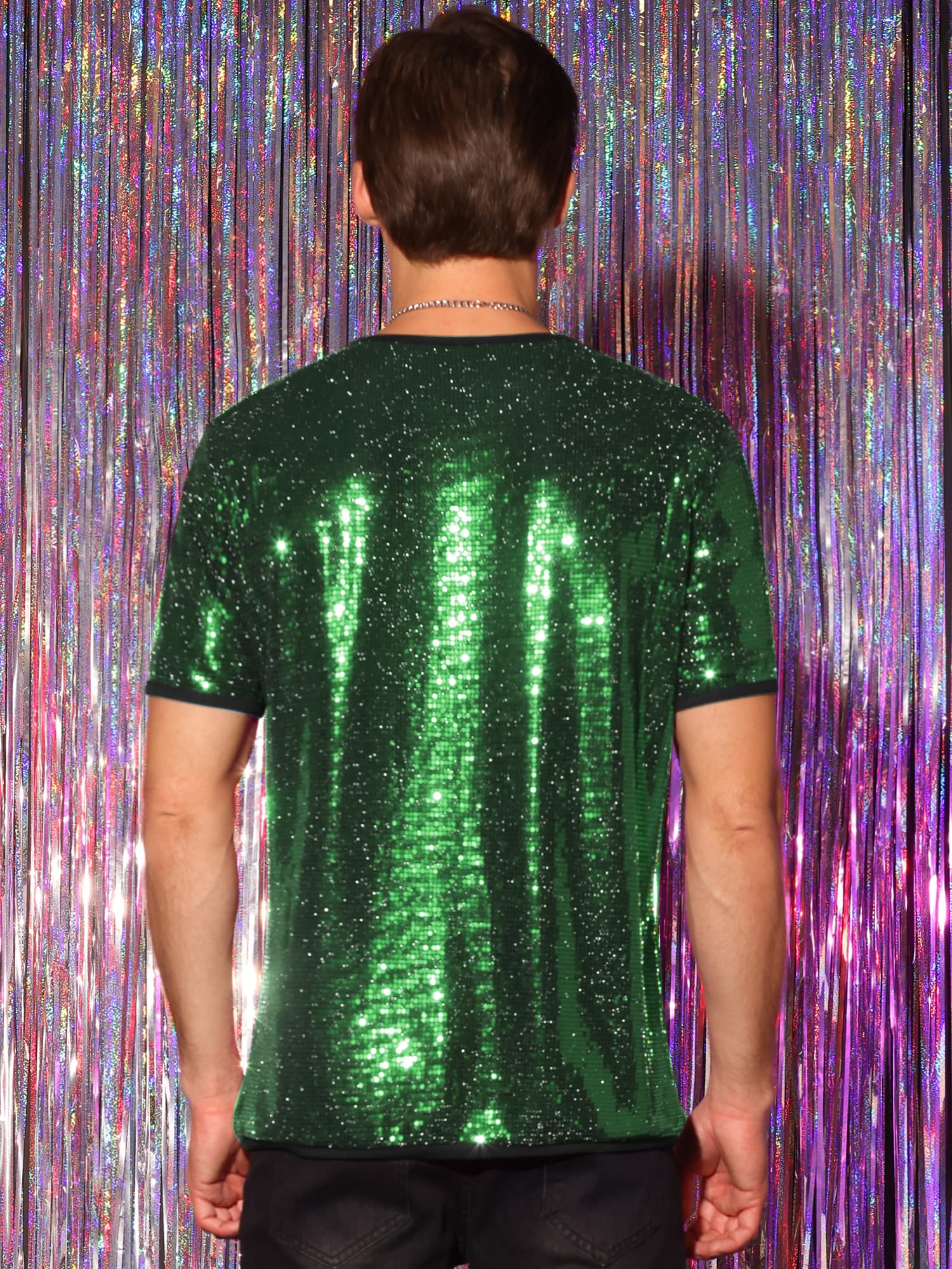 Lars Amadeus Camicie con paillettes da uomo a maniche corte girocollo magliette per feste in discoteca