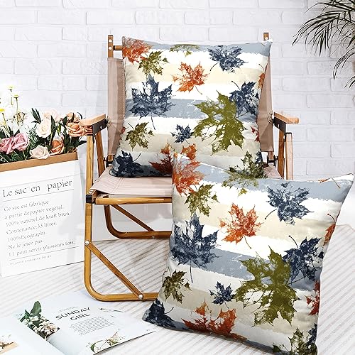 Miniatura 6 de Fundas de almohada de hojas de arce otoñales de 22 x 22 pulgadas, paquete de 2 fundas de almohada modernas de lino y algodón, cuadradas, con rayas