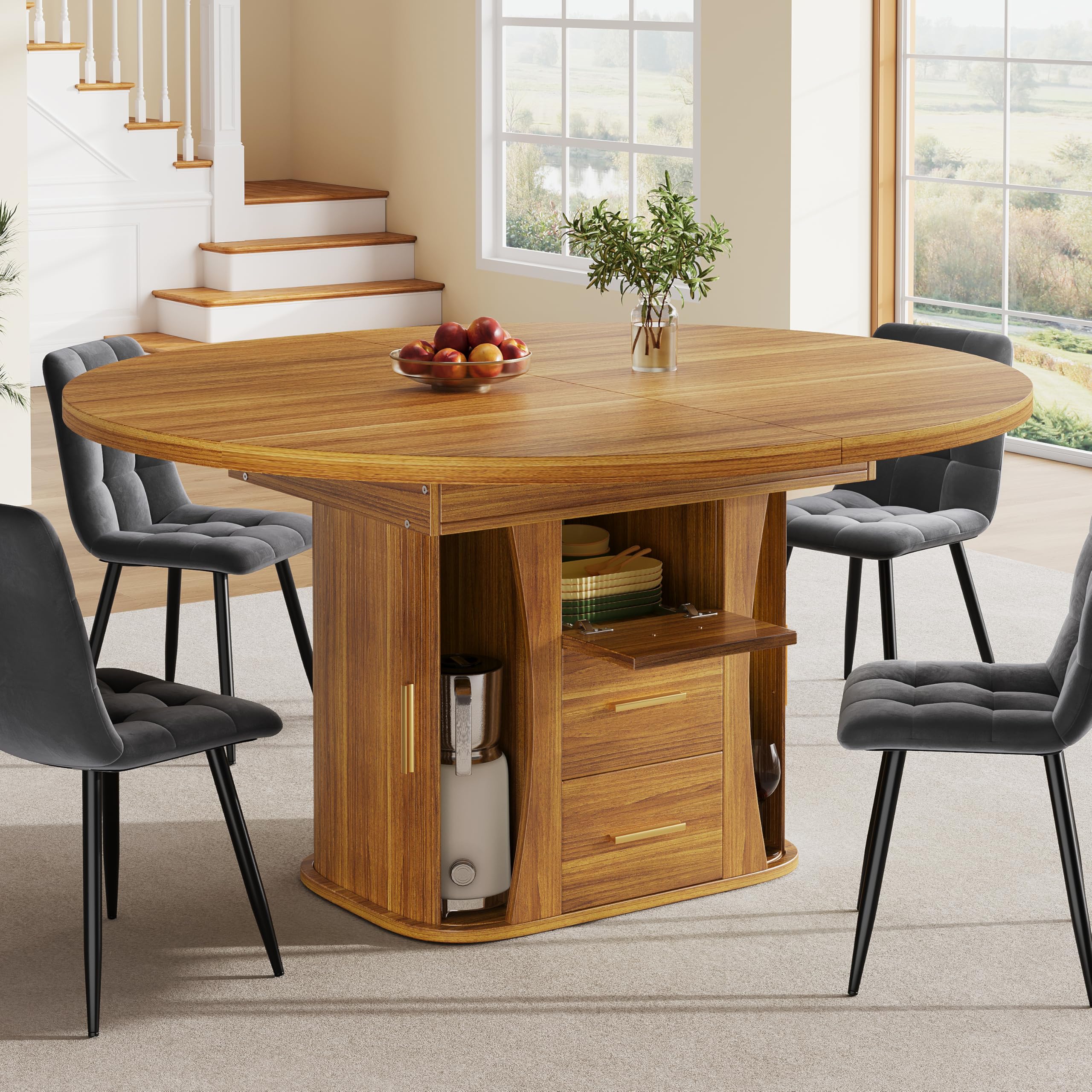 Table à Manger Extensible 118-158 cm, Table Ronde Salle Manger avec 2 Tiroirs, 3 Compartiments de Rangement, Table de Cuisine pour 6 Personnes, pour Cuisine Salon et Bureau, Finition Noyer