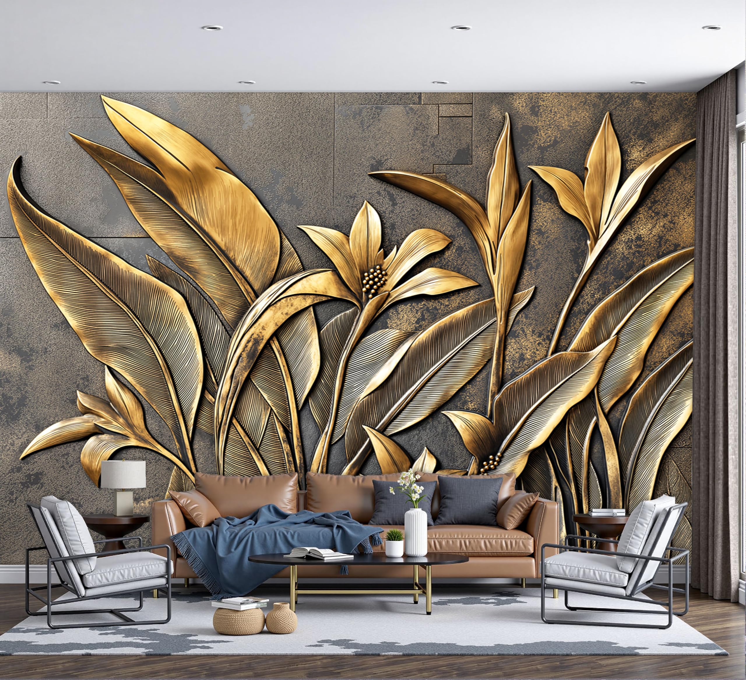 Fresque murale en soie oiseau de paradis or relief industriel 400x280
