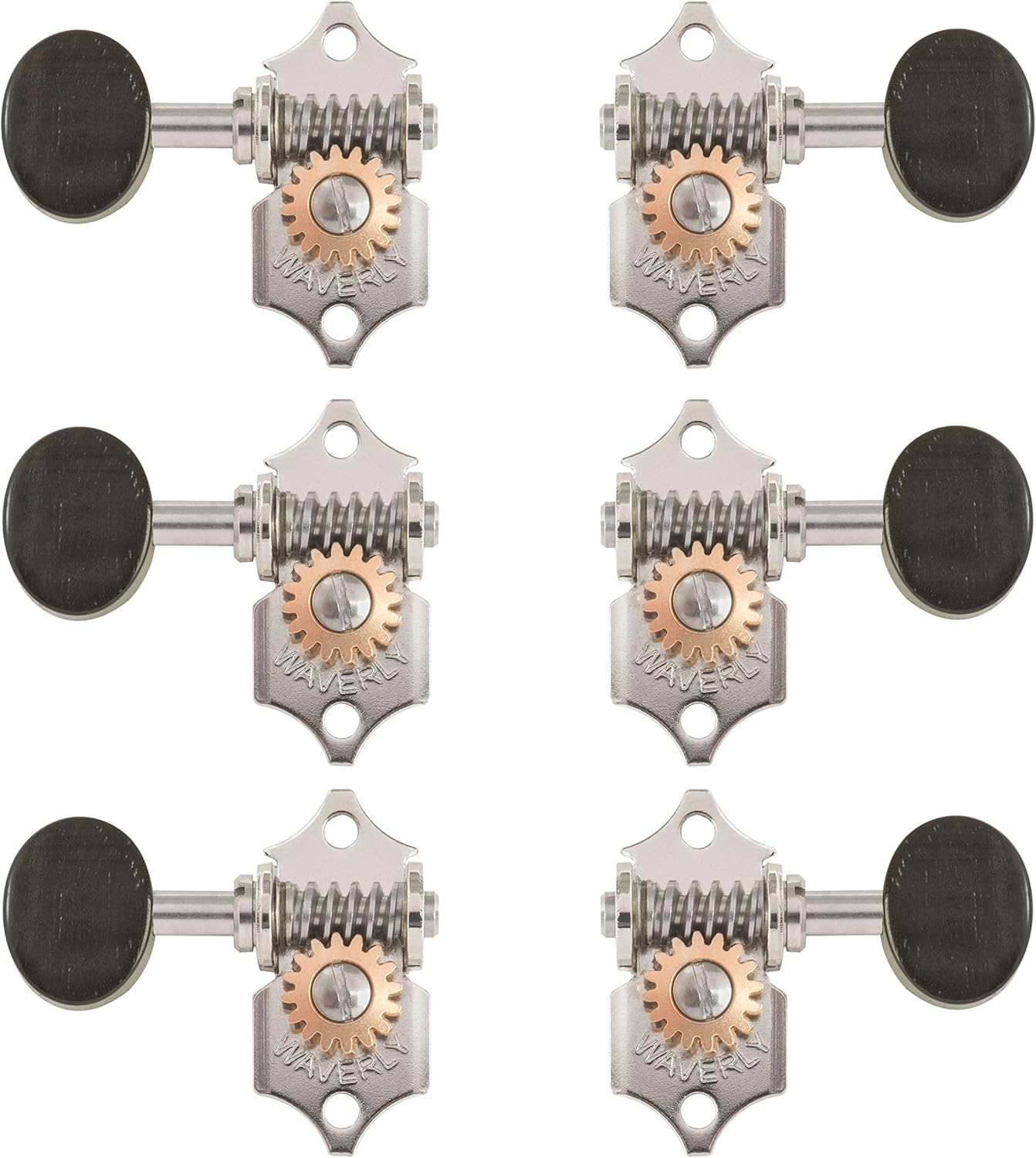 Waverly Guitar Tuners with Ebony Knobs for Slotted Pegheads, Nickel, 3L/3R