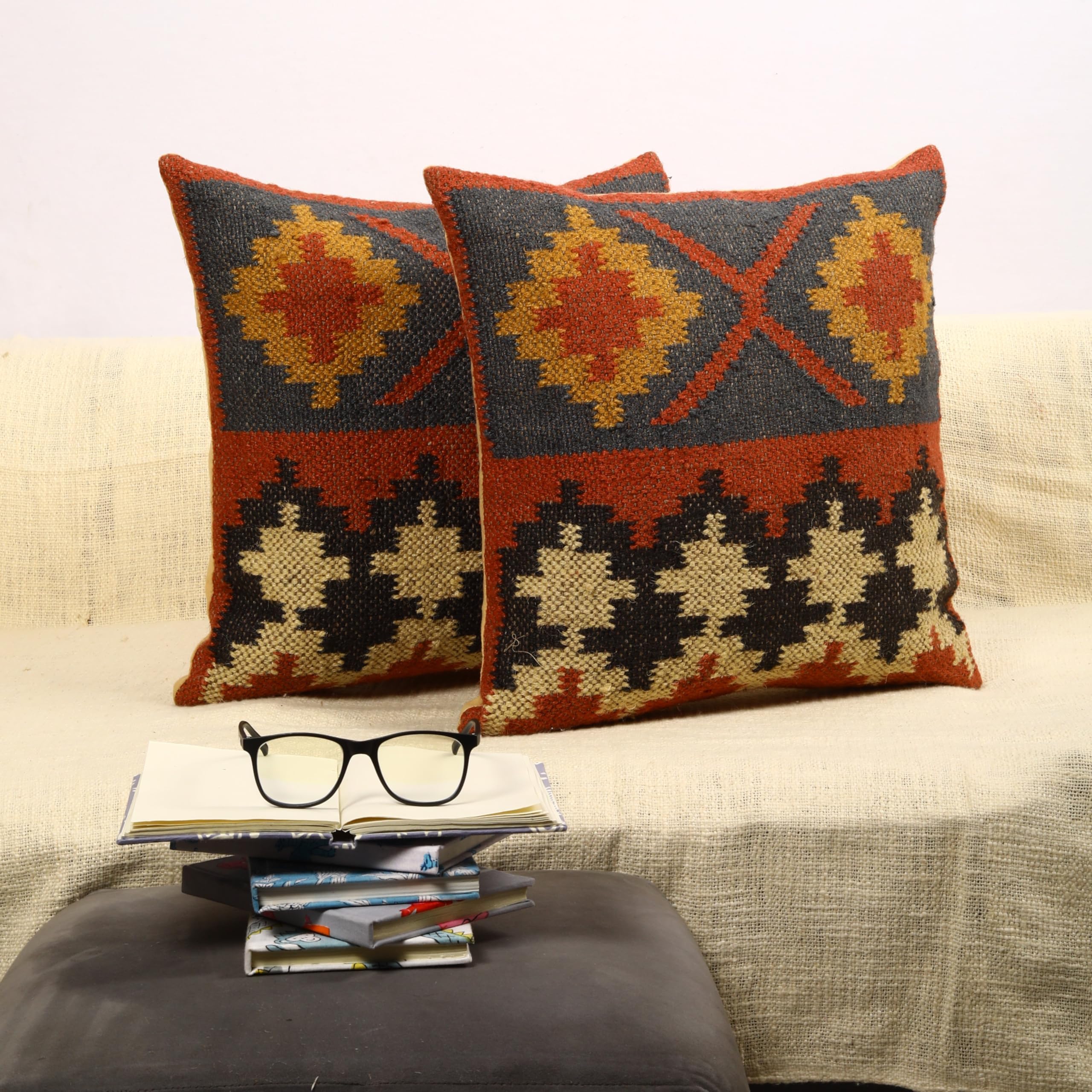 Trade Star Set of 2 Kilim Pillow Cover 70% Jute 30% Wool Throw Cushion Cover Decorative Pillow Highly Durable Quality Handwoven Cushion Case Rug Pillowcase (Kilim 16)