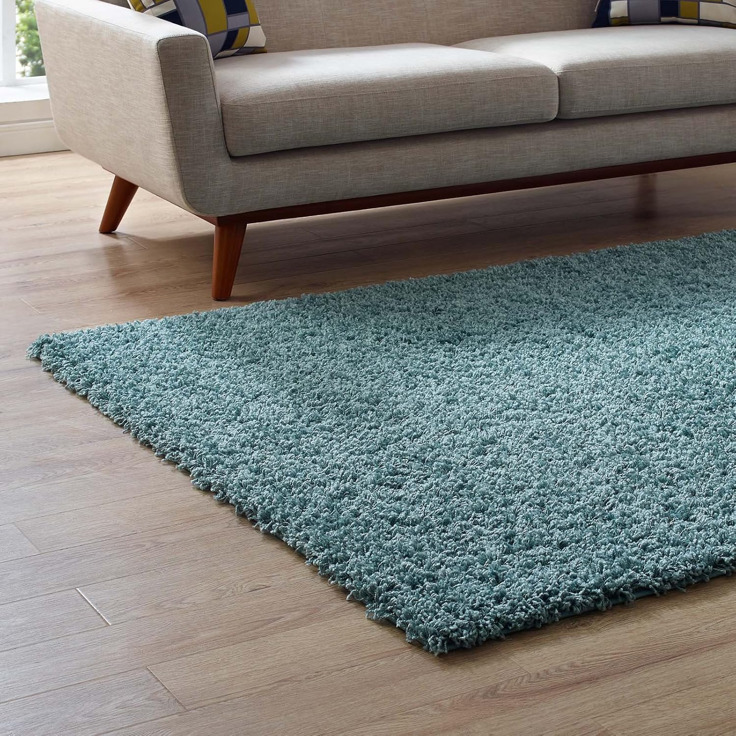 Modway Enyssa 5x8 Solid High Pile Shag Area Rug With In Aqua Blue and Ivory