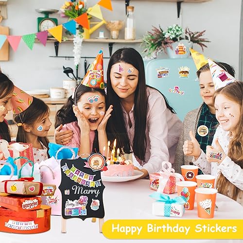 Miniatura 2 de LINAYE 24 hojas de calcomanías de feliz cumpleaños, 730 unidades, tamaños pequeños y grandes, perfectas para decoraciones de fiesta de cumpleaños y