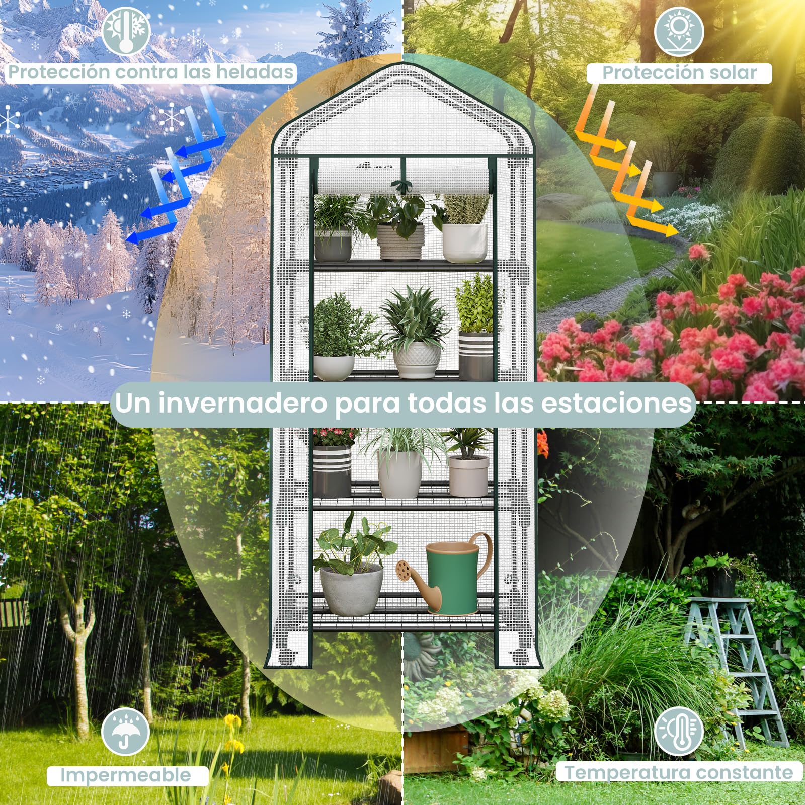 WOLTU Invernadero para Plantas, Invernadero Movil con Ruedas, Cubierta de PE 130g/m², con 4 Estantes, Puerta Enrollable con Cremallera, Blanco, 70x50x162 cm | Invernadero semitransparente para tomates con puerta enrollable, protección de invierno para pla